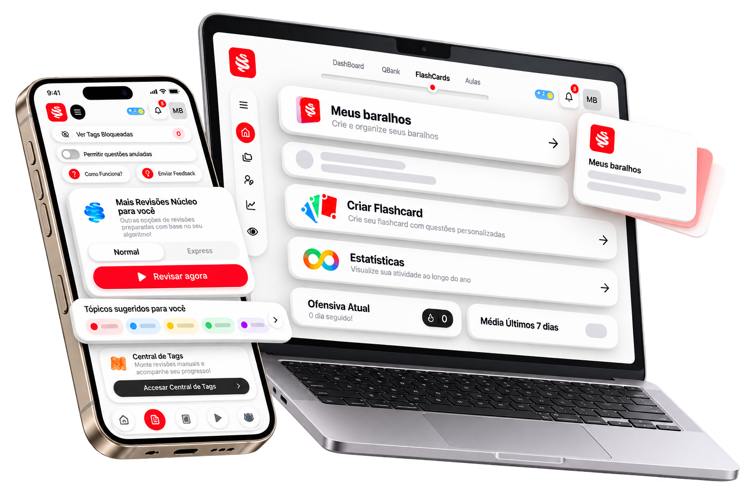 Plataforma MedCof QBank - Flashcards e Revisões Núcleo em MacBook Pro e iPhone